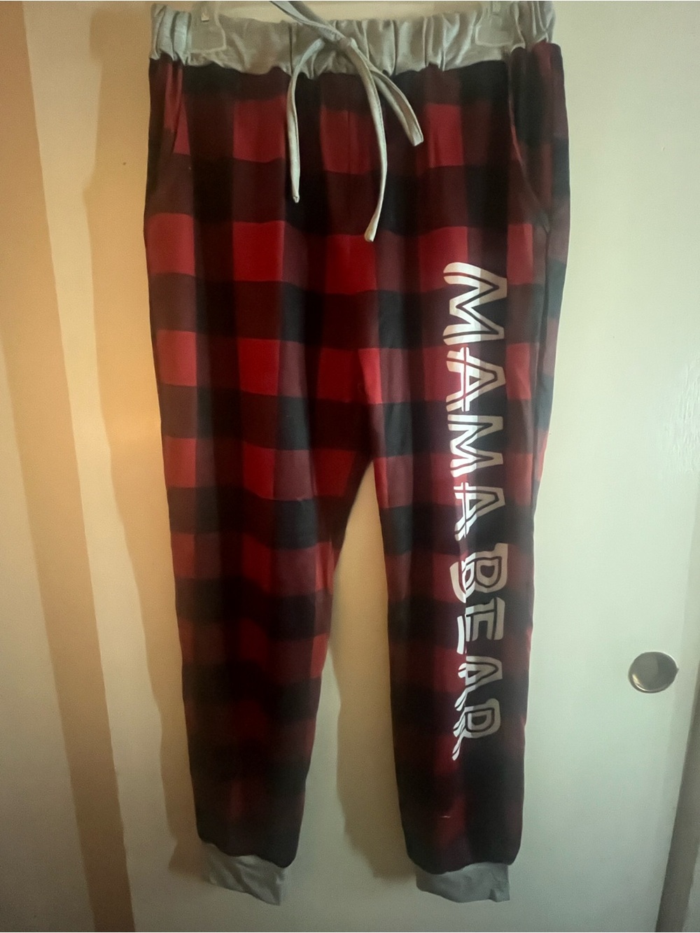 Womens Red Buffalo Plaid Pajama Pants with 'MAMA BEAR' Text